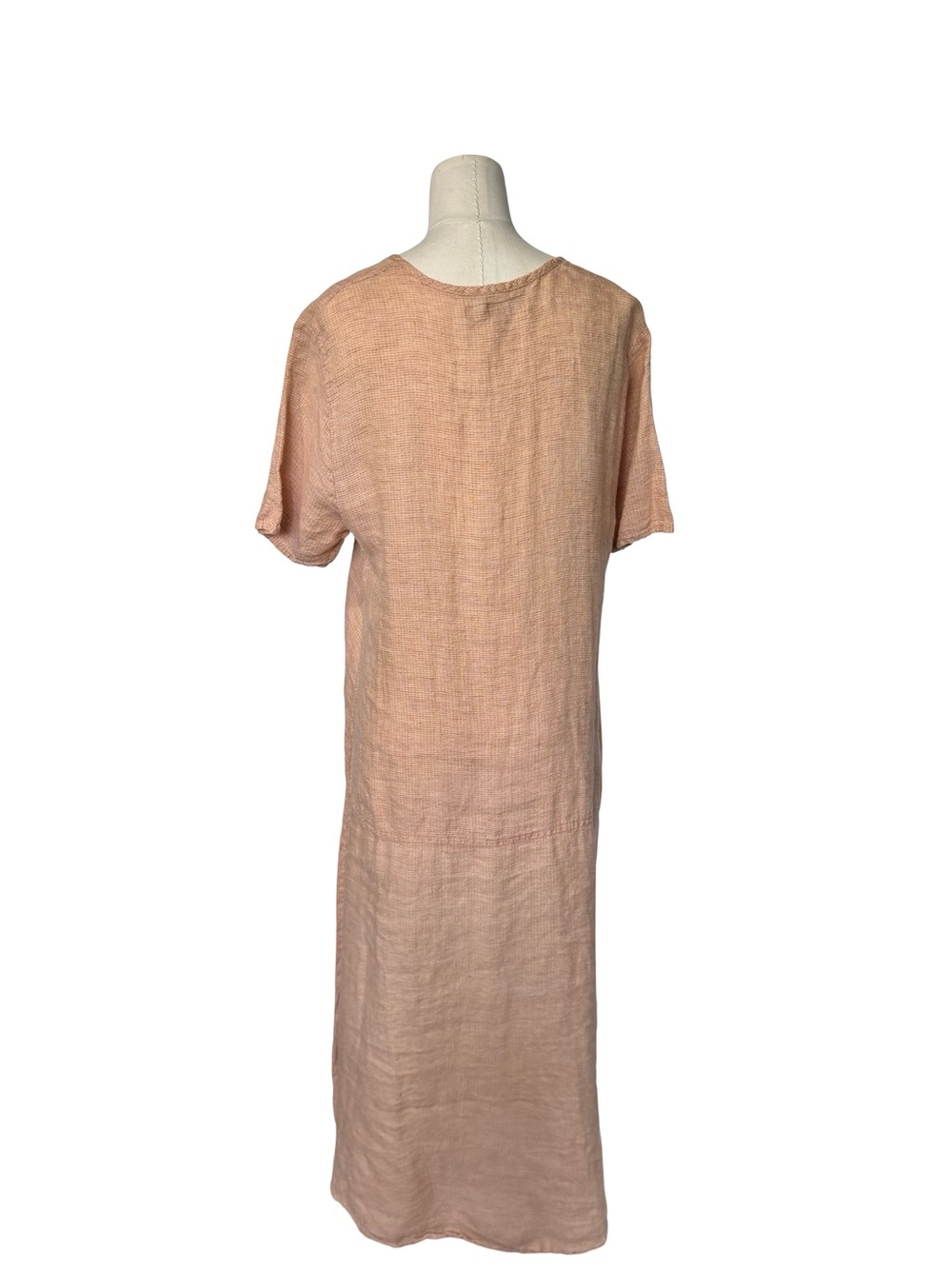 FLAX 100% Linen Pink Maxi Dress Size M V-Neck Short Sleeve Pockets Lagenlook - Picture 4 of 5